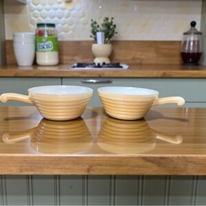 Lot of 2 Vintage Fire King Peach Lustre Soup Bowls w/ Handle Oven Ware